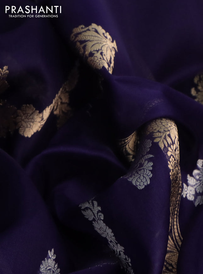 Banarasi organza silk saree dark blue with silver & gold zari weaves and zari woven piping border
