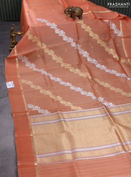 Banarasi organza silk saree pale orange with silver & gold zari weaves and zari woven simple border