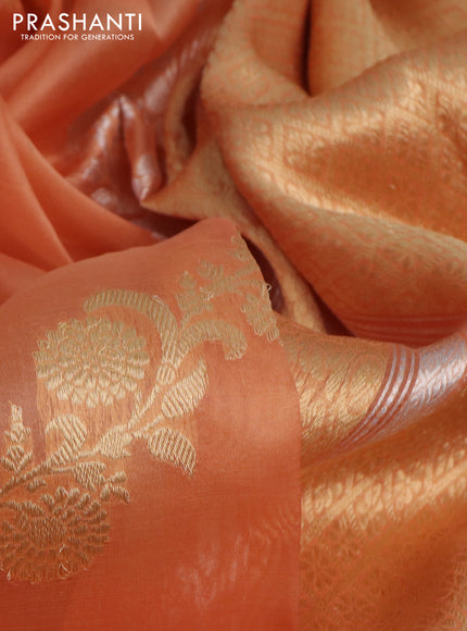 Banarasi organza silk saree pale orange with silver & gold zari weaves and zari woven simple border