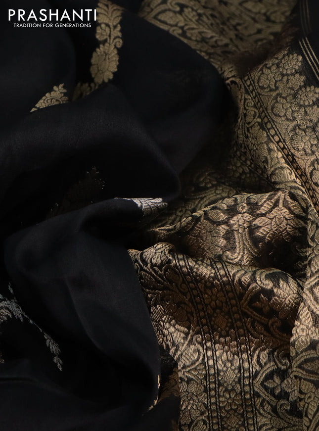 Banarasi organza silk saree black with silver & gold zari weaves and zari woven piping border