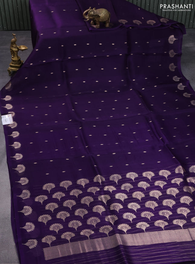 Banarasi organza silk saree deep violet with zari woven buttas in borderless style