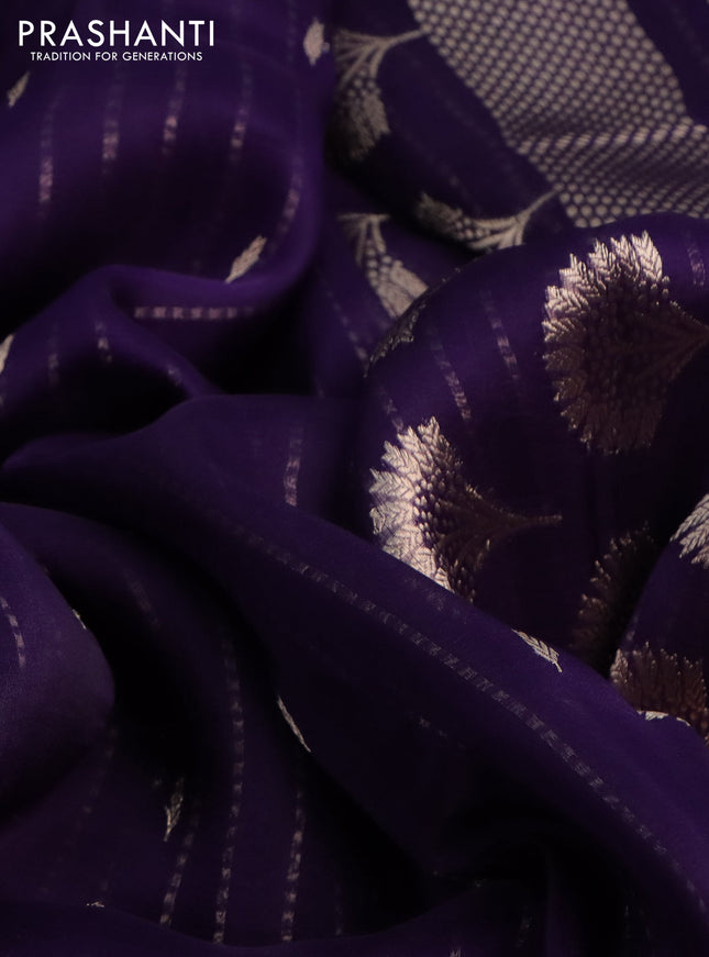 Banarasi organza silk saree deep violet with zari woven buttas in borderless style