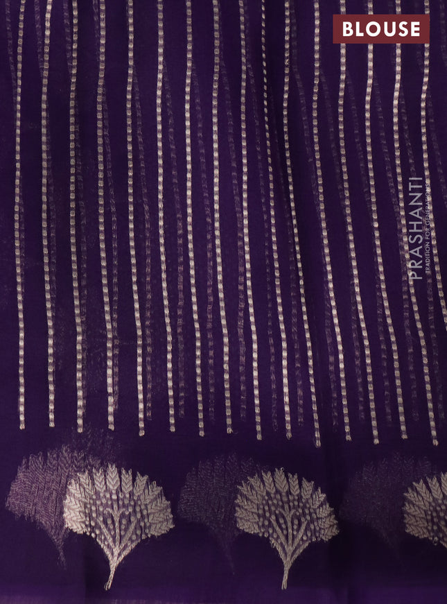 Banarasi organza silk saree deep violet with zari woven buttas in borderless style