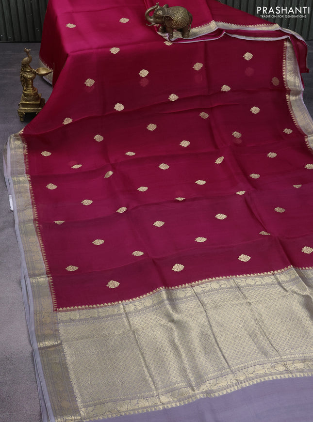 Banarasi organza silk saree dark pink and pastel grey with floral zari buttas and zari woven border