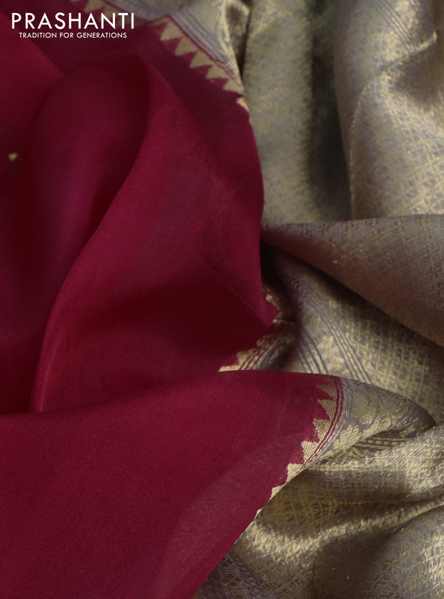 Banarasi organza silk saree dark pink and pastel grey with floral zari buttas and zari woven border
