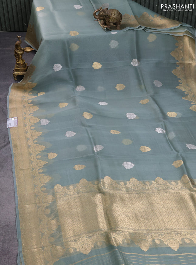 Banarasi organza silk saree pastel grey with silver & gold zari woven buttas and zari woven border