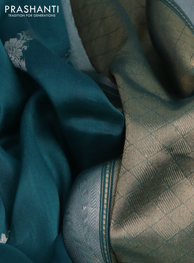 Banarasi organza silk saree peacock green with silver & gold zari weaves and zari woven piping border