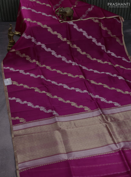 Banarasi organza silk saree magenta pink with silver & gold zari weaves and zari woven piping border