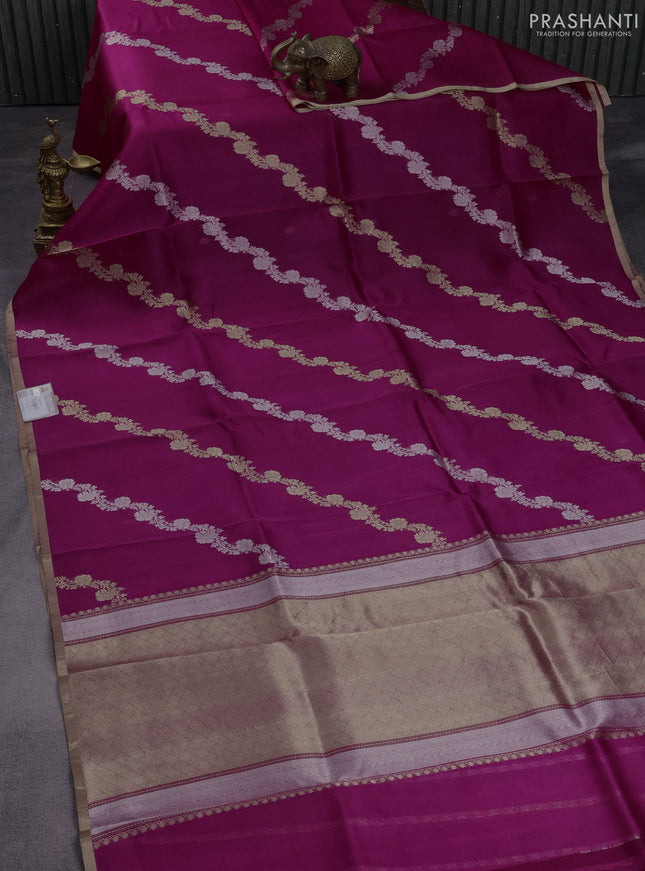 Banarasi organza silk saree magenta pink with silver & gold zari weaves and zari woven piping border
