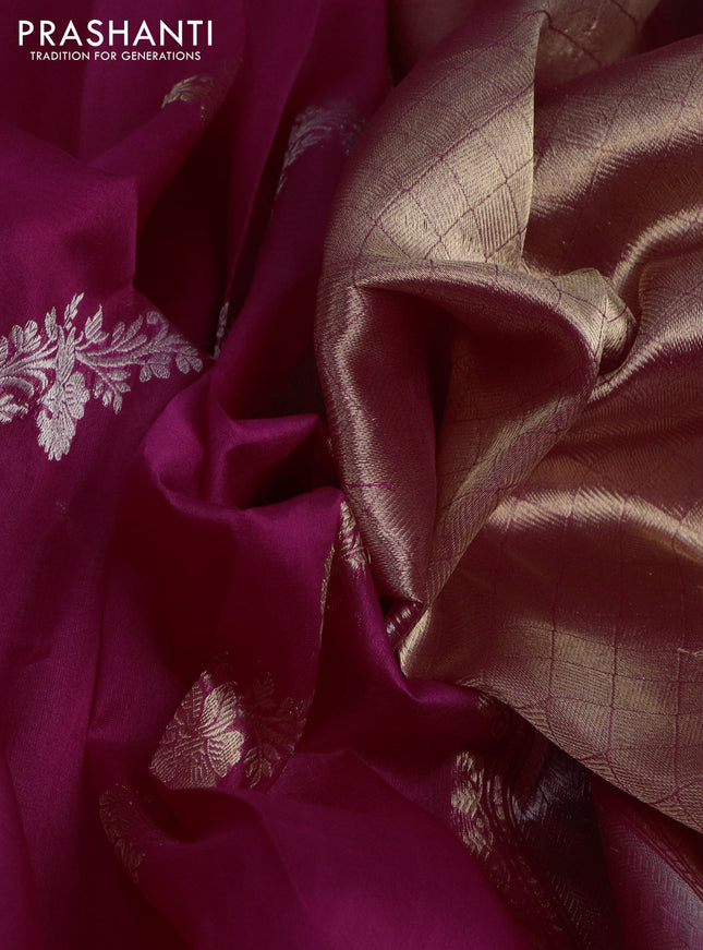 Banarasi organza silk saree magenta pink with silver & gold zari weaves and zari woven piping border