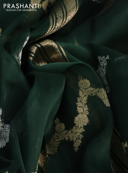 Banarasi organza silk saree bottle green with silver & gold zari weaves and zari woven piping border