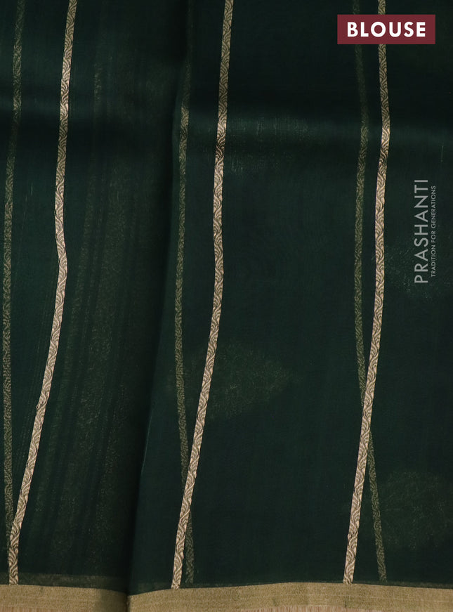 Banarasi organza silk saree bottle green with silver & gold zari weaves and zari woven piping border