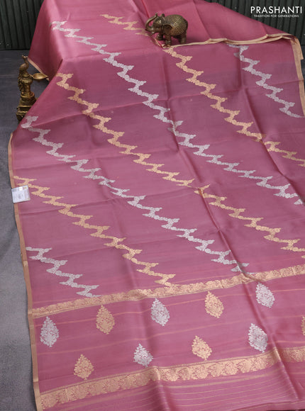 Banarasi organza silk saree pastel pink with silver & gold zari weaves and zari woven piping border