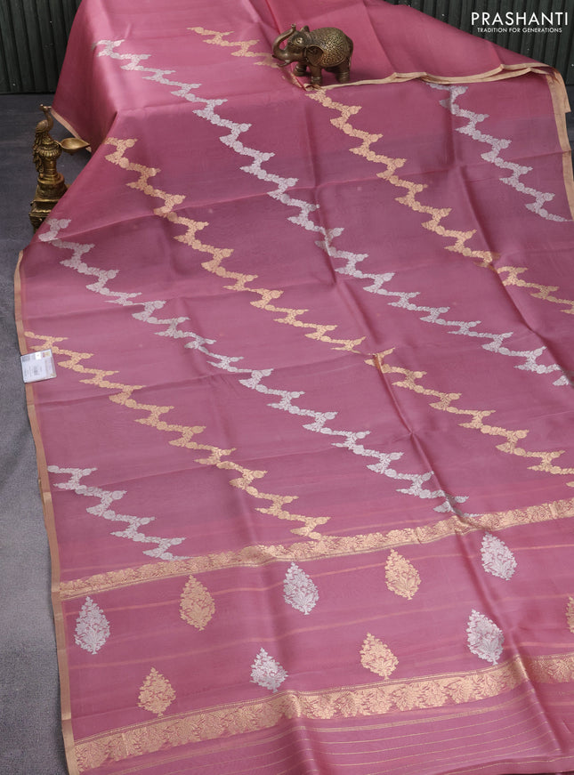 Banarasi organza silk saree pastel pink with silver & gold zari weaves and zari woven piping border