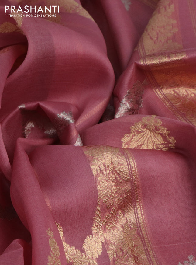 Banarasi organza silk saree pastel pink with silver & gold zari weaves and zari woven piping border