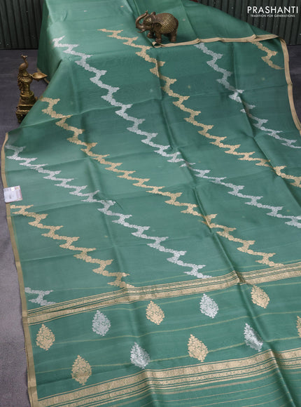 Banarasi organza silk saree pastel green with silver & gold zari weaves and zari woven piping border