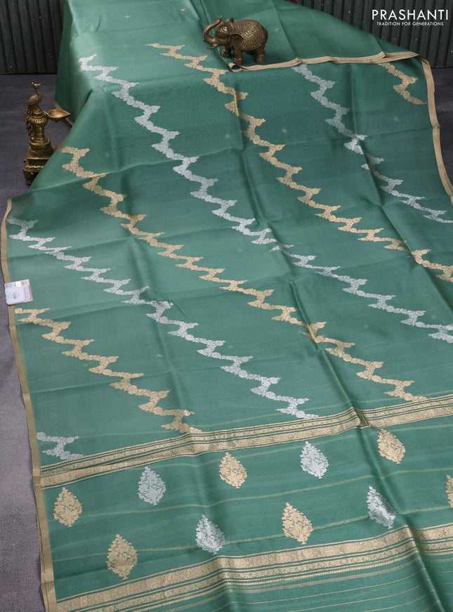 Banarasi organza silk saree pastel green with silver & gold zari weaves and zari woven piping border