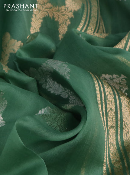 Banarasi organza silk saree pastel green with silver & gold zari weaves and zari woven piping border