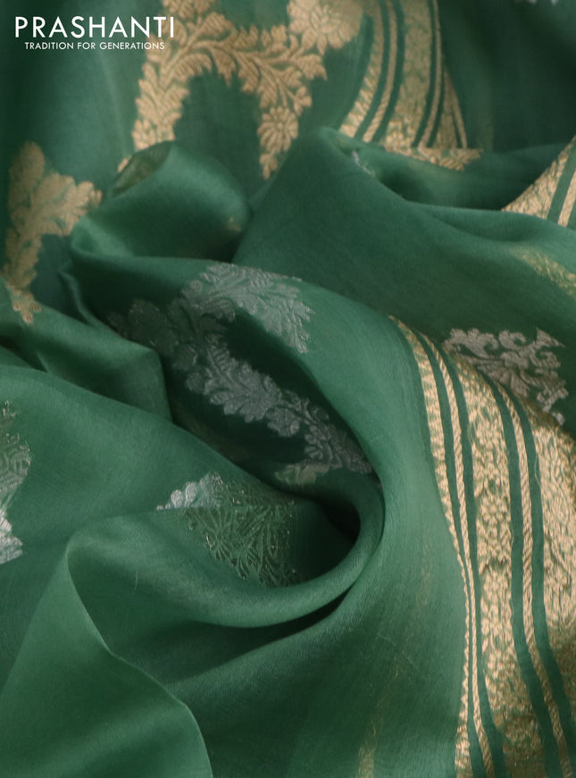 Banarasi organza silk saree pastel green with silver & gold zari weaves and zari woven piping border