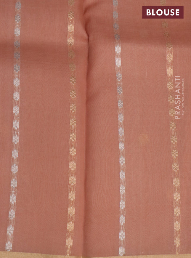 Banarasi organza silk saree pastel peach with allover silver & gold zari weaves and zari woven piping border