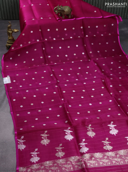 Banarasi organza silk saree magenta pink with thread & gold zari woven buttas and piping border