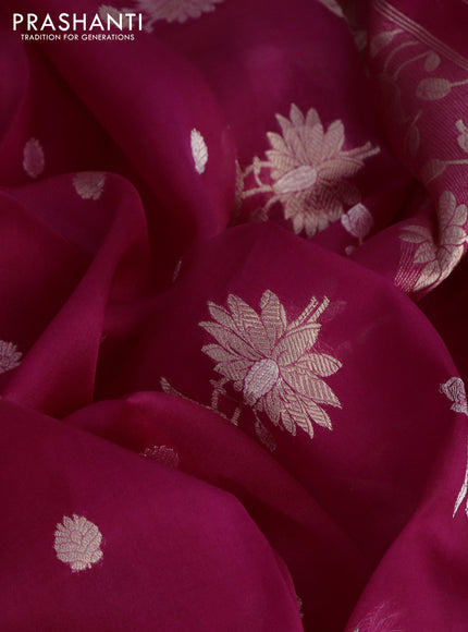 Banarasi organza silk saree magenta pink with thread & gold zari woven buttas and piping border