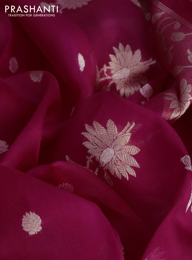 Banarasi organza silk saree magenta pink with thread & gold zari woven buttas and piping border