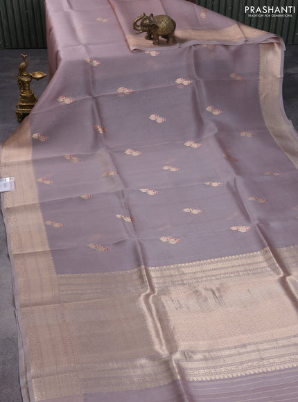 Banarasi organza silk saree pastel grey with zari woven buttas and zari woven border
