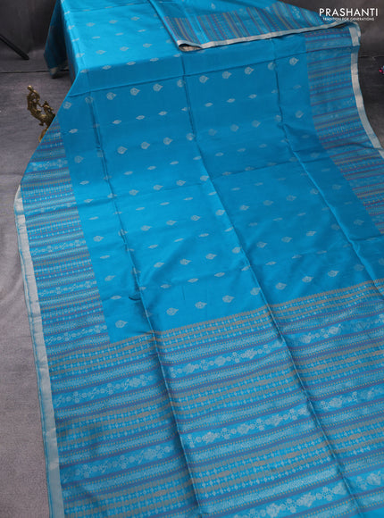 Pure soft silk saree teal blue with zari woven buttas and thread woven border