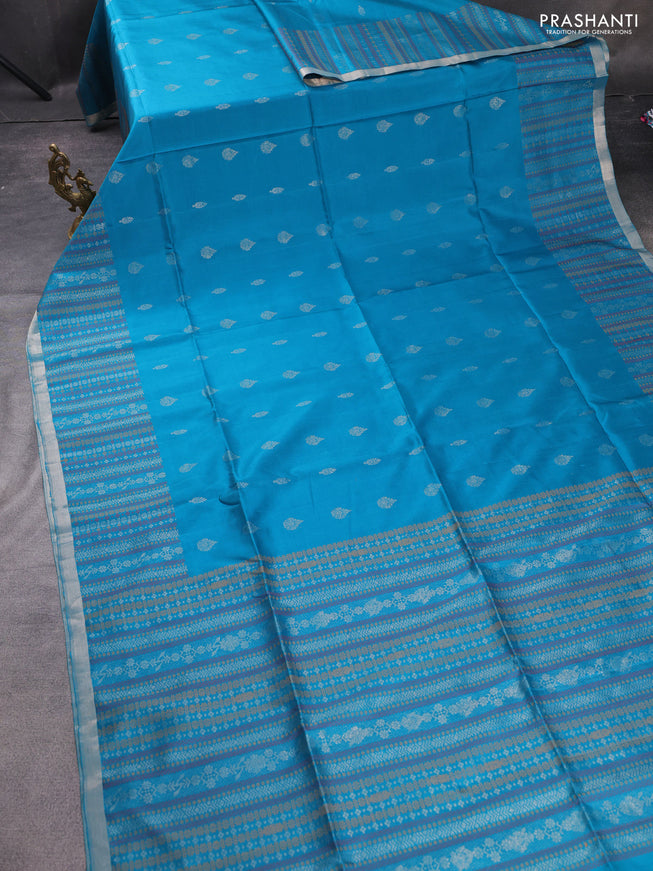 Pure soft silk saree teal blue with zari woven buttas and thread woven border