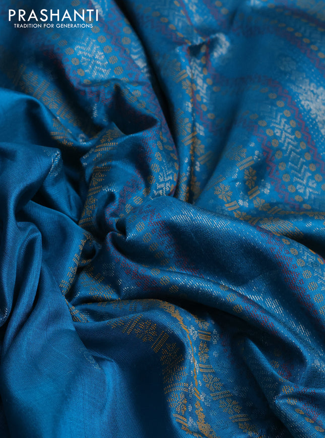 Pure soft silk saree teal blue with zari woven buttas and thread woven border