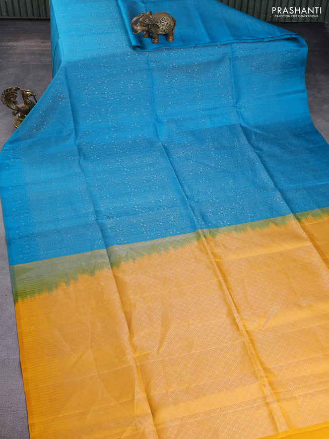 Pure soft silk saree cs blue and mustard yellow with allover silver zari woven brocade weaves in borderless style