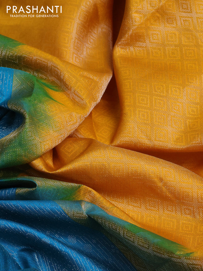 Pure soft silk saree cs blue and mustard yellow with allover silver zari woven brocade weaves in borderless style