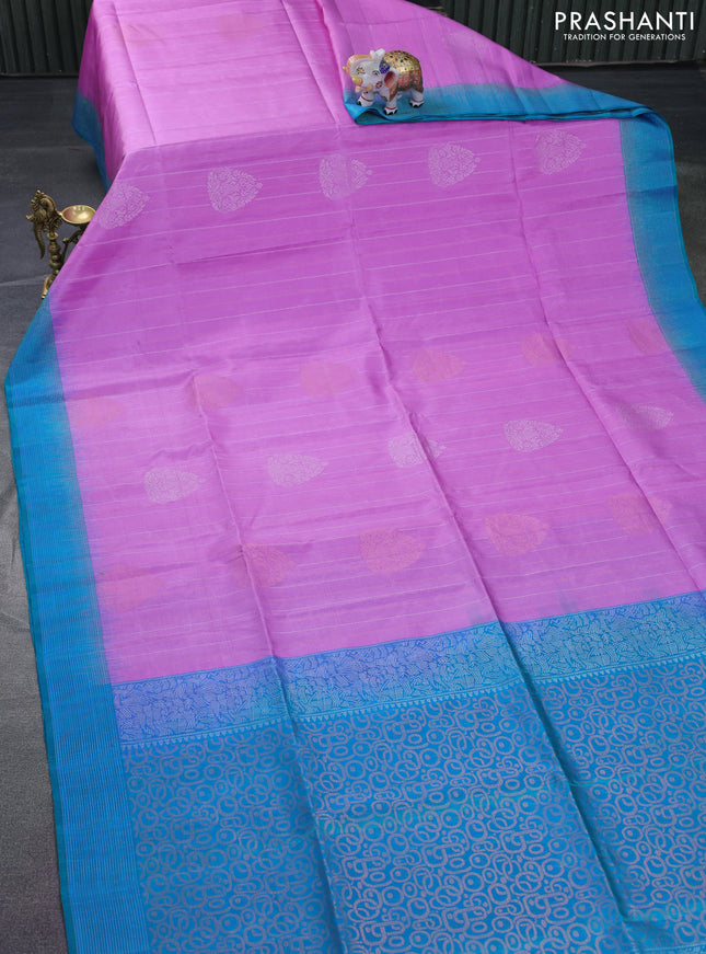 Pure soft silk saree light pink and dual shade teal blue with silver & copper zari weaves and zari woven border
