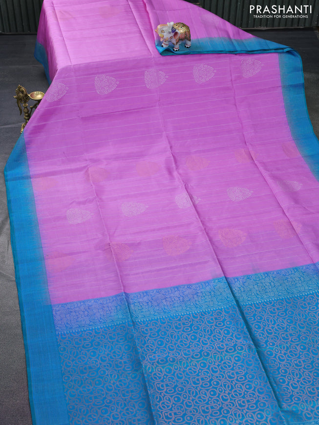 Pure soft silk saree light pink and dual shade teal blue with silver & copper zari weaves and zari woven border