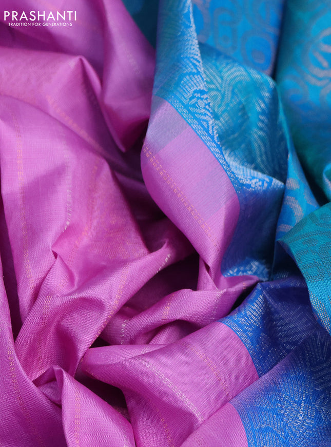 Pure soft silk saree light pink and dual shade teal blue with silver & copper zari weaves and zari woven border