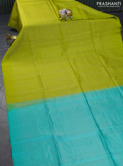 Pure soft silk saree lime green and teal green with allover silver zari woven brocade weaves in borderless style
