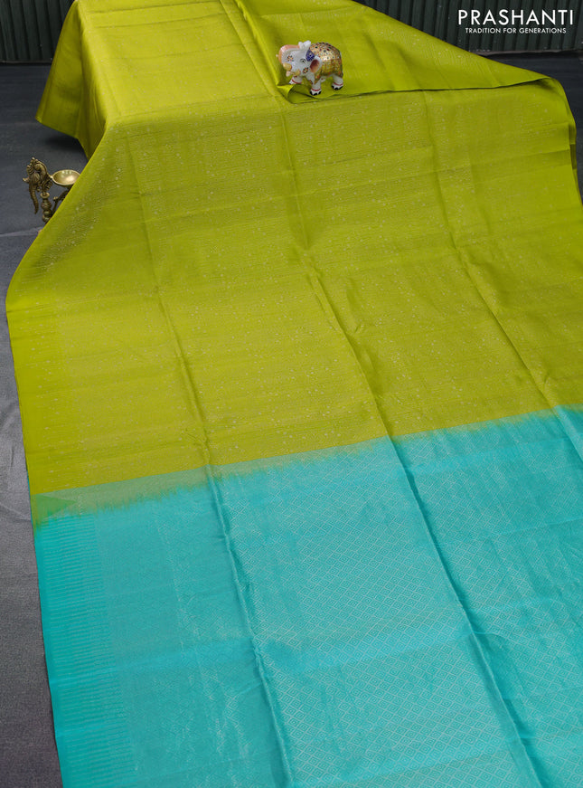 Pure soft silk saree lime green and teal green with allover silver zari woven brocade weaves in borderless style