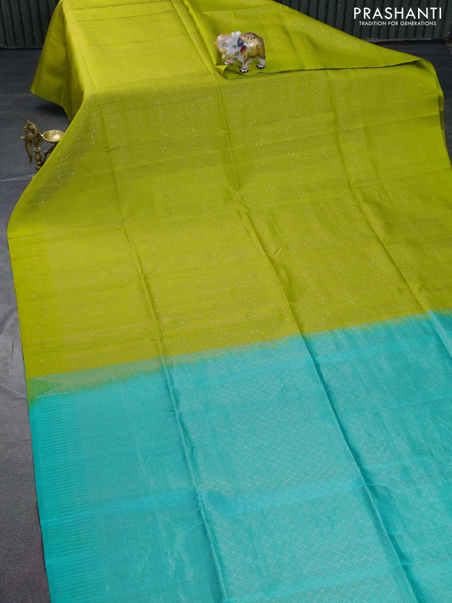 Pure soft silk saree lime green and teal green with allover silver zari woven brocade weaves in borderless style