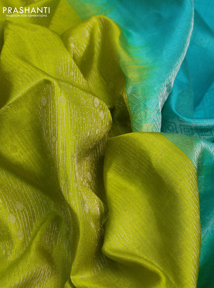 Pure soft silk saree lime green and teal green with allover silver zari woven brocade weaves in borderless style