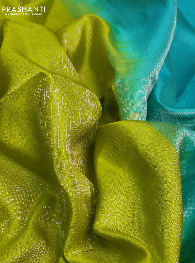 Pure soft silk saree lime green and teal green with allover silver zari woven brocade weaves in borderless style