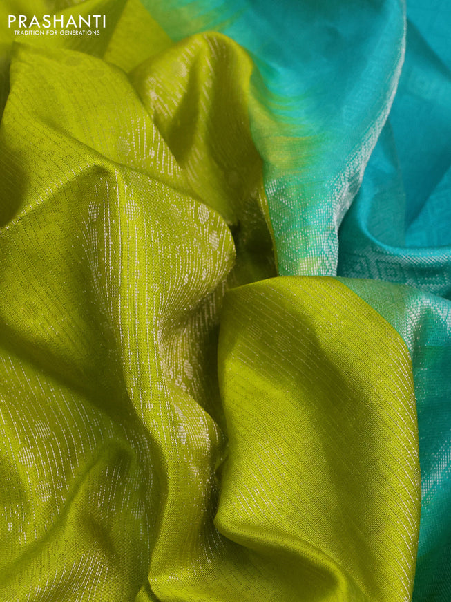 Pure soft silk saree lime green and teal green with allover silver zari woven brocade weaves in borderless style