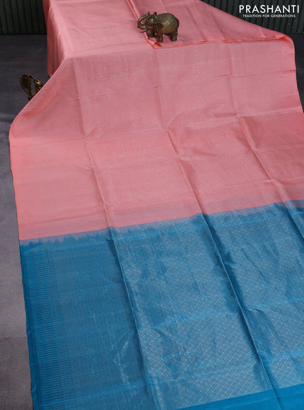 Pure soft silk saree peach pink and cs blue with allover silver zari woven brocade weaves in borderless style