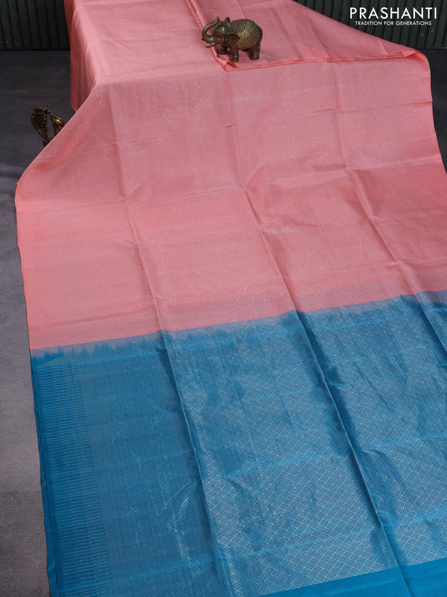 Pure soft silk saree peach pink and cs blue with allover silver zari woven brocade weaves in borderless style