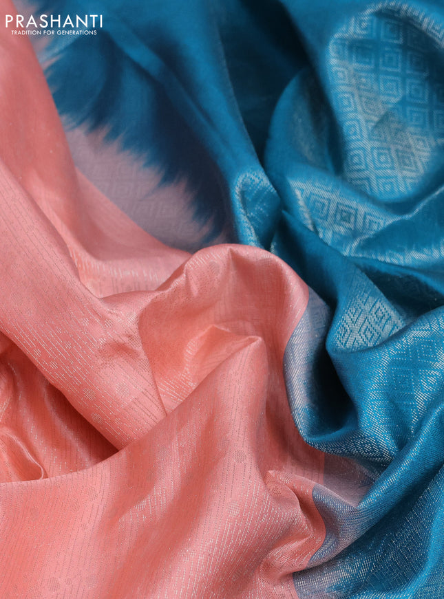 Pure soft silk saree peach pink and cs blue with allover silver zari woven brocade weaves in borderless style