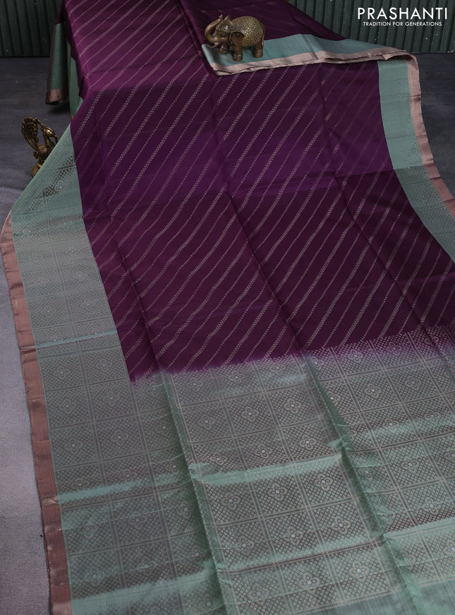 Pure soft silk saree wine shade and pastel green with allover zari weaves and zari woven border