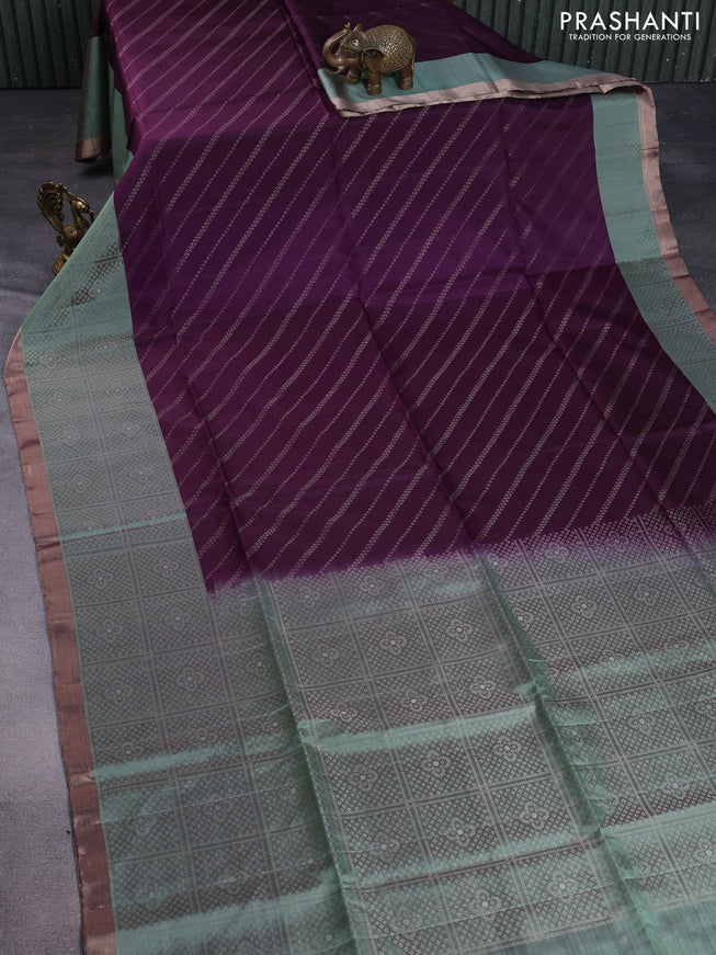 Pure soft silk saree wine shade and pastel green with allover zari weaves and zari woven border