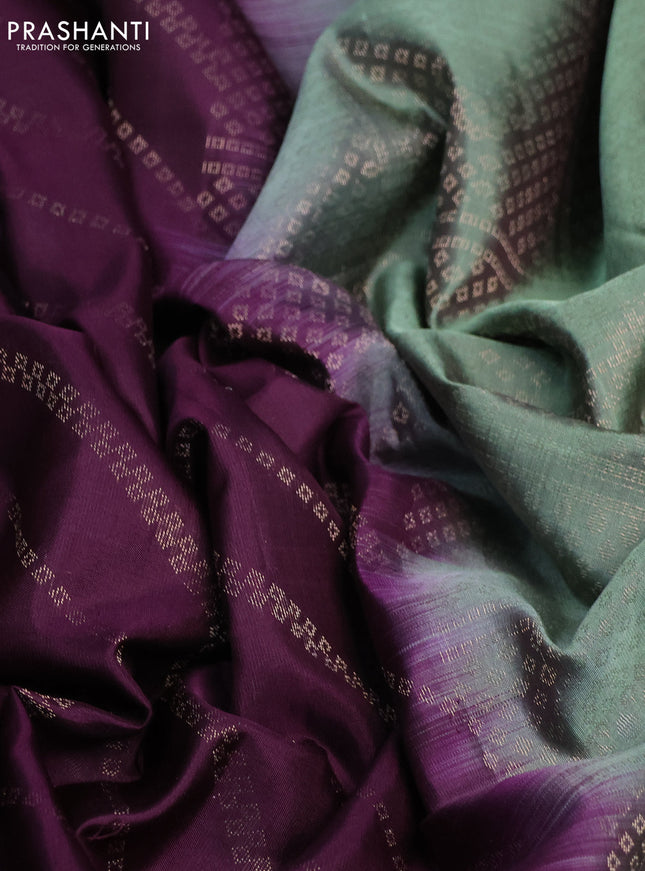 Pure soft silk saree wine shade and pastel green with allover zari weaves and zari woven border