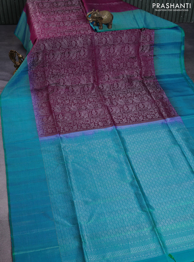 Pure soft silk saree wine shade and teal blue with allover silver zari woven brocade weaves and zari woven border