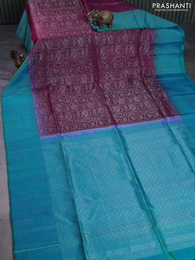 Pure soft silk saree wine shade and teal blue with allover silver zari woven brocade weaves and zari woven border